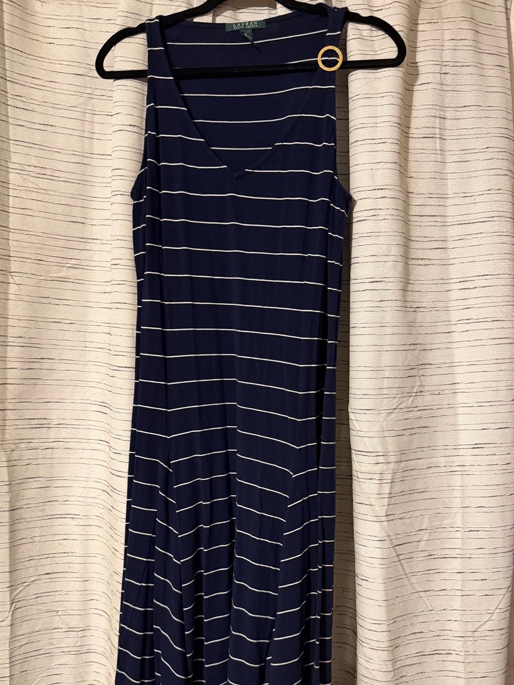 Lauren Ralph Lauren Navy White Striped Gold Ring Accent Maxi Dress Size XL